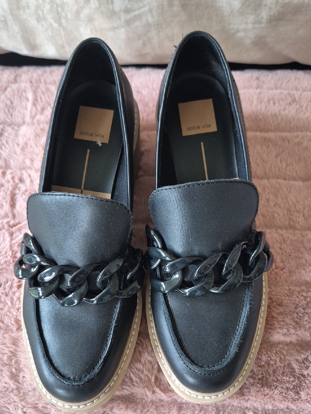 Dolce Vita Black Loafers with Chunky Chain